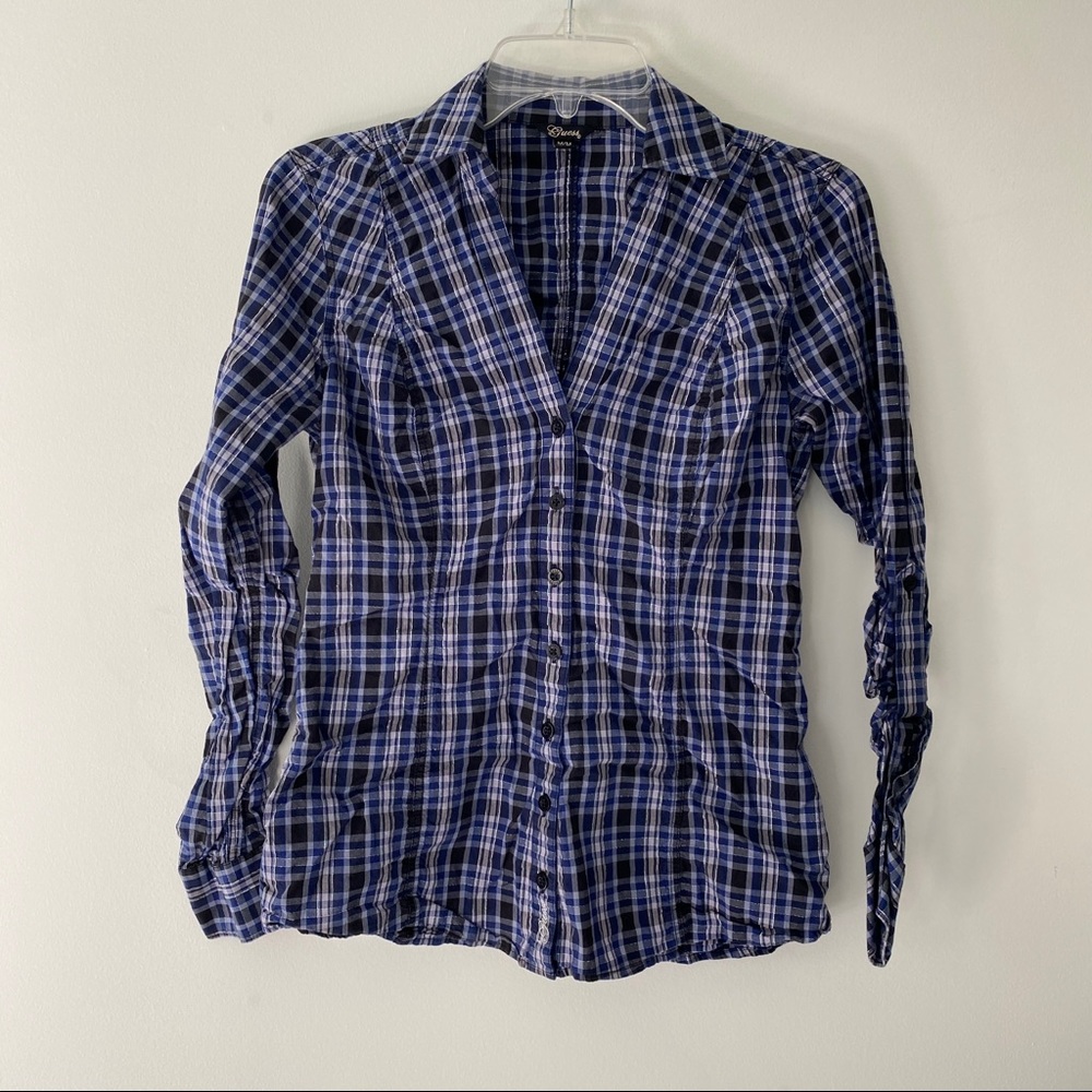 Guess Womens Button Down Shirt Sz Medium M Black Blue Silver Long Sleeve